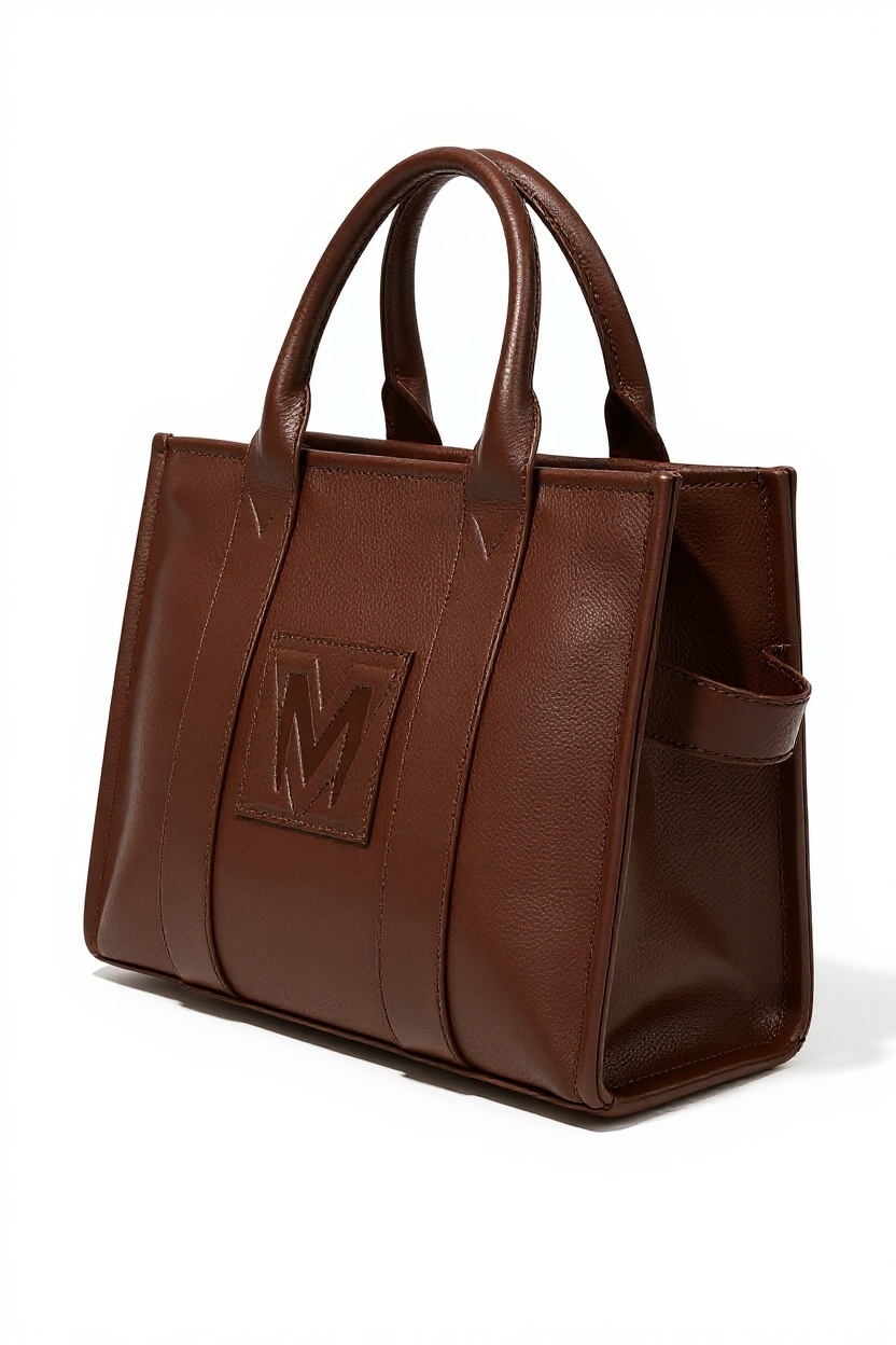 Brown leather handbag with a visible logo on a white background