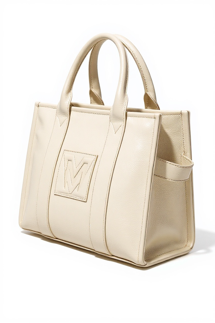 Beige tote bag with a logo on a white background