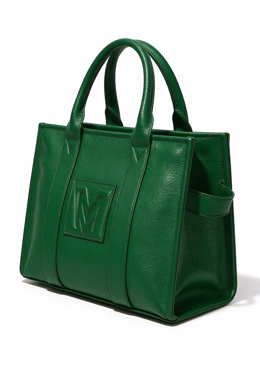 Green handbag with a logo on a white background