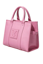 Pink handbag with a logo on a white background